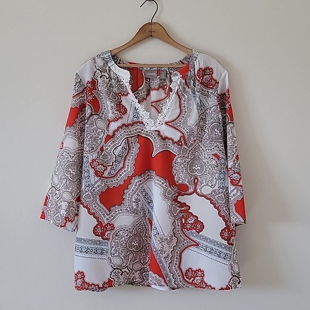 Chico's Orange White Paisley‎ Vneck Popover Tunic Blouse Size XL
